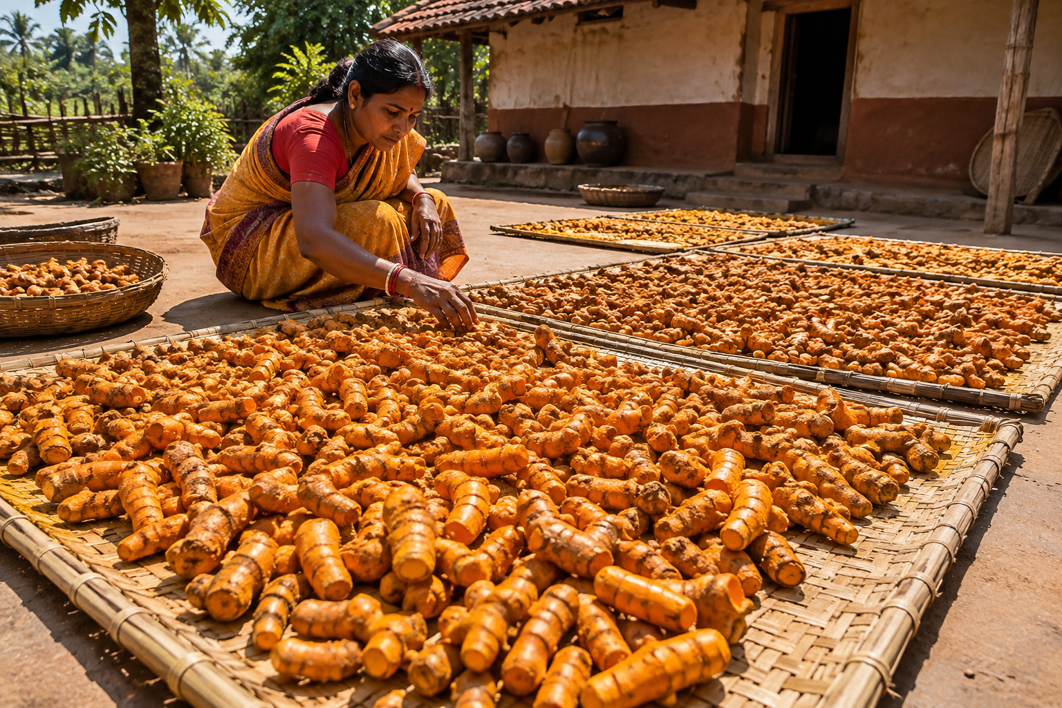 Turmeric rhizomes sun-drying on bamboo mats in a farm courtyard